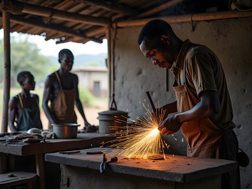 Traditional blacksmith working with apprentices in Bali village near Bamenda