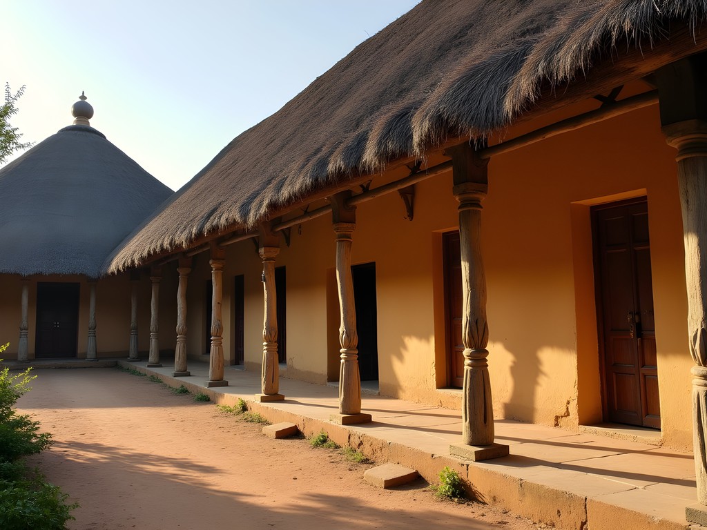 Traditional Grassfields palace architecture with distinctive thatched roofs