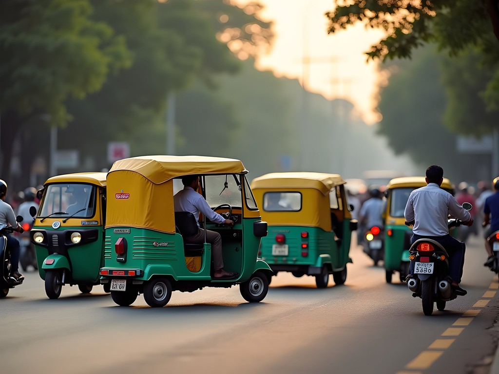 Woman navigating through colorful auto-rickshaws in Bangalore traffic