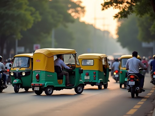 Woman navigating through colorful auto-rickshaws in Bangalore traffic