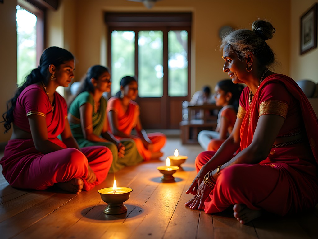 Intimate dance practice session in a traditional Bangalore home with students learning classical movements