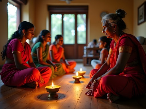 Intimate dance practice session in a traditional Bangalore home with students learning classical movements