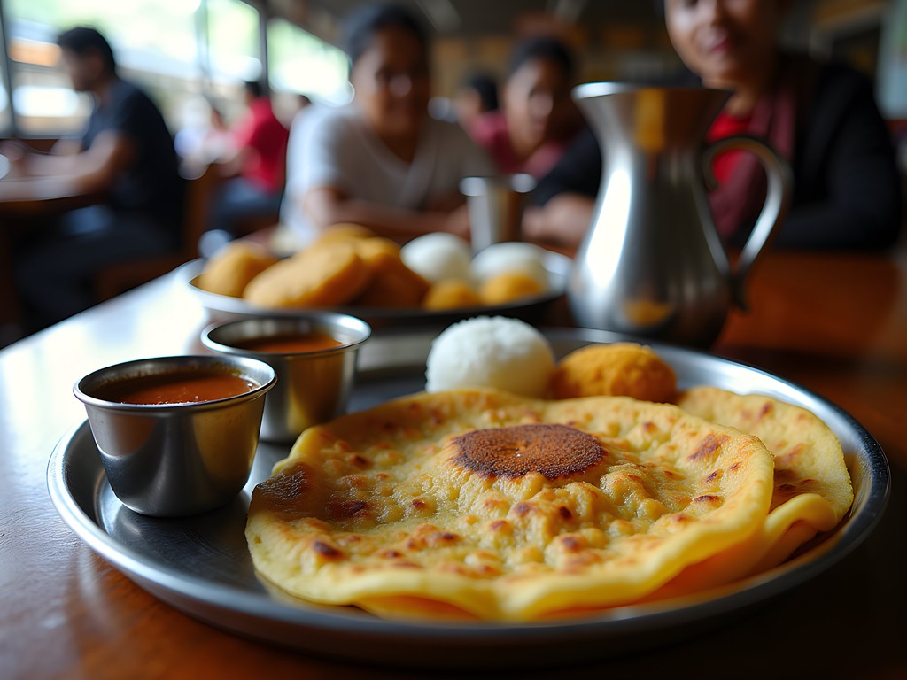 Traditional South Indian breakfast with idli, vada, and filter coffee at a busy local darshini
