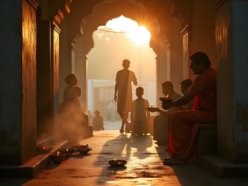 Early morning ritual at a neighborhood temple in Bangalore with locals gathering for prayers