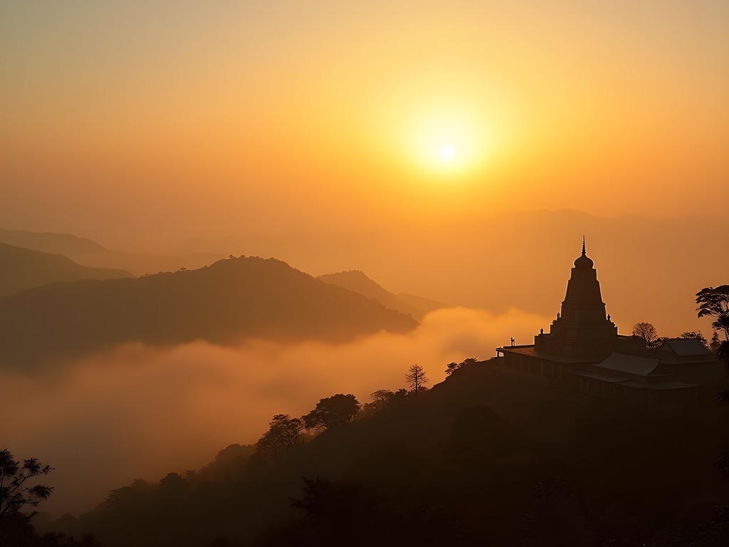 Misty sunrise view from Nandi Hills with silhouette of ancient temple and rolling countryside below