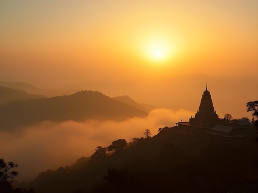 Misty sunrise view from Nandi Hills with silhouette of ancient temple and rolling countryside below