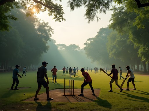 Informal cricket match in Cubbon Park with locals playing among trees