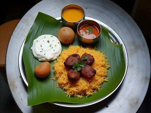 Traditional Karnataka meal served on banana leaf at a Military Hotel in Bangalore
