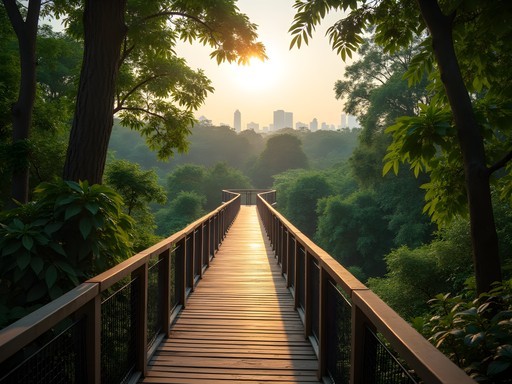 Elevated wooden pathway through lush green forest in Bang Krachao