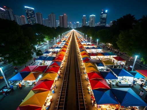 Aerial view of colorful Ratchada Train Night Market with Bangkok skyline