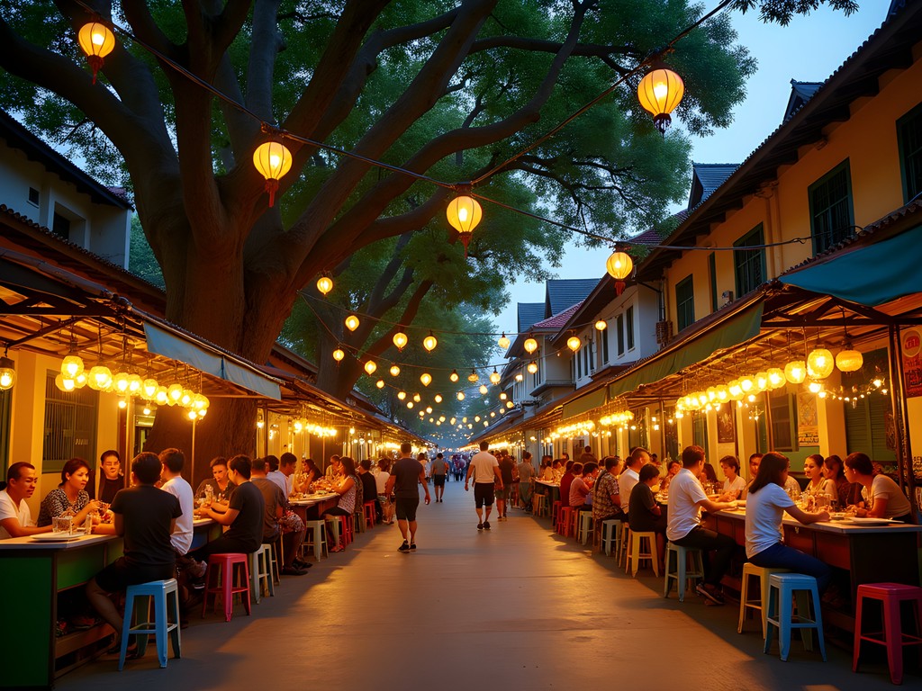 Evening scene on Soi Rambuttri with lanterns, street food vendors and banyan trees