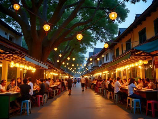 Evening scene on Soi Rambuttri with lanterns, street food vendors and banyan trees