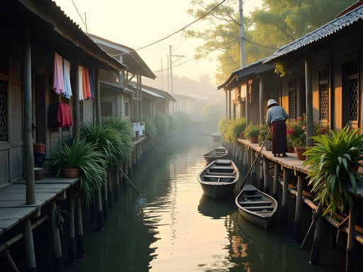 Traditional wooden stilt houses along a quiet Thonburi canal in Bangkok