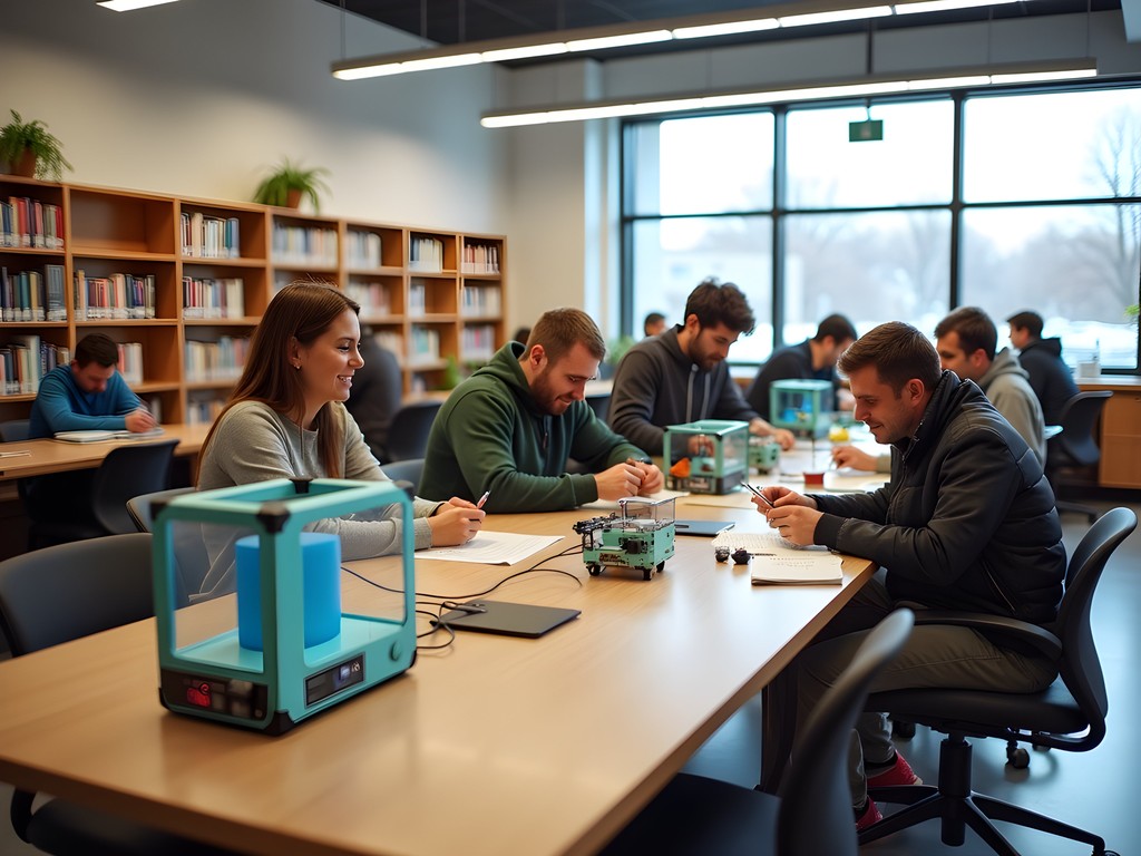 Bear Library maker space with 3D printers and community members working on projects