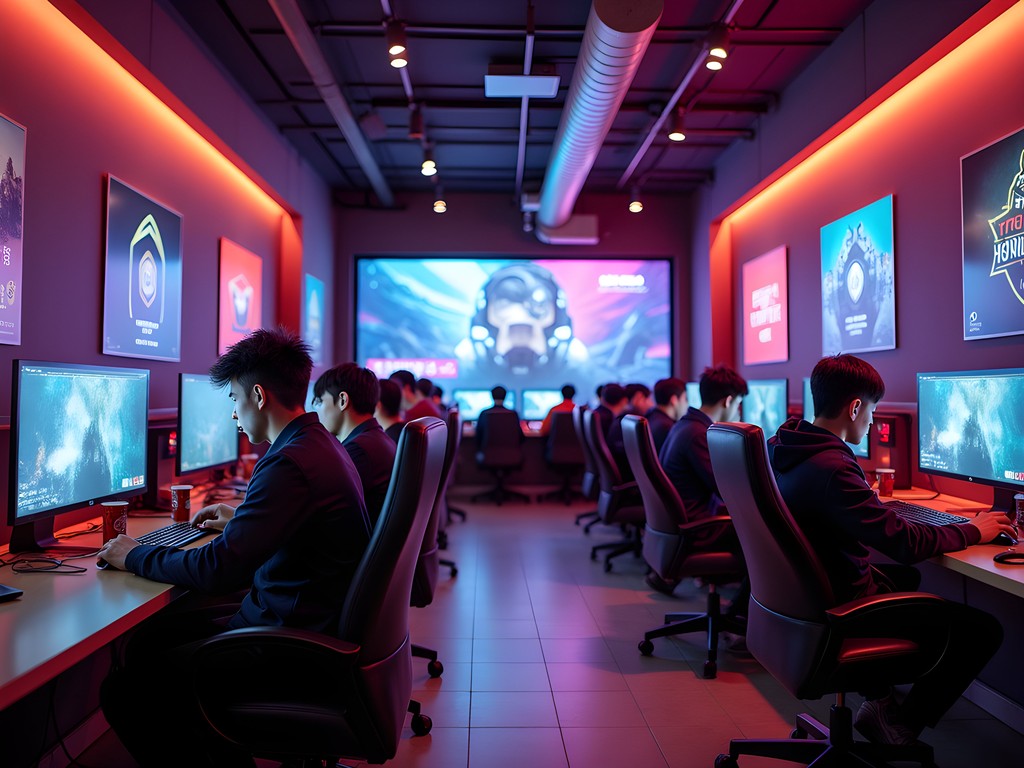 Modern gaming cafe in Beijing with local students playing esports games