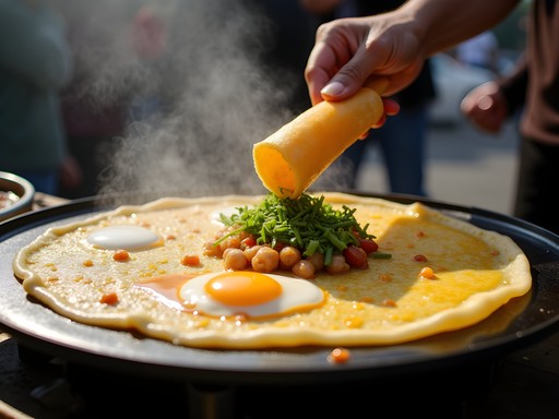 Traditional Beijing jianbing (egg crepe) being prepared at street food stall