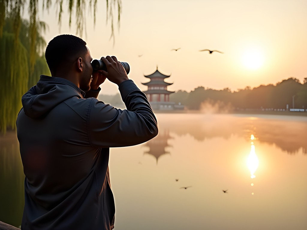 Man birdwatching at Olympic Forest Park Beijing with binoculars