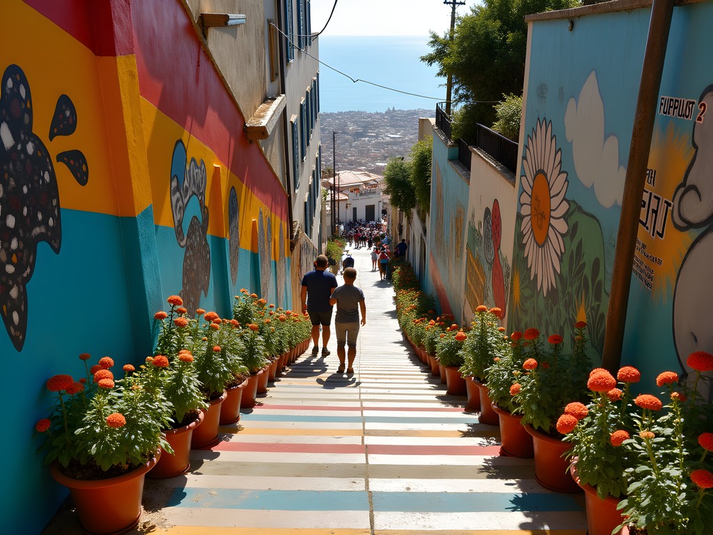 Colorful painted urban stairway in Beirut with locals and street art connecting neighborhoods