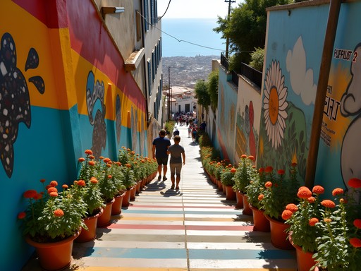 Colorful painted urban stairway in Beirut with locals and street art connecting neighborhoods