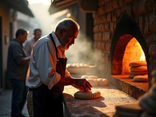 Traditional Lebanese baker preparing manoushe in wood-fired oven during early morning in Beirut