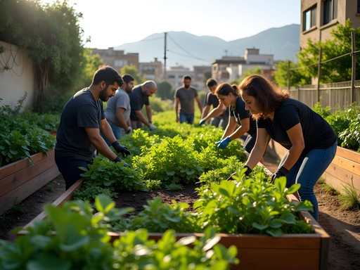 Community members working in an urban garden project in Beirut with city skyline in background