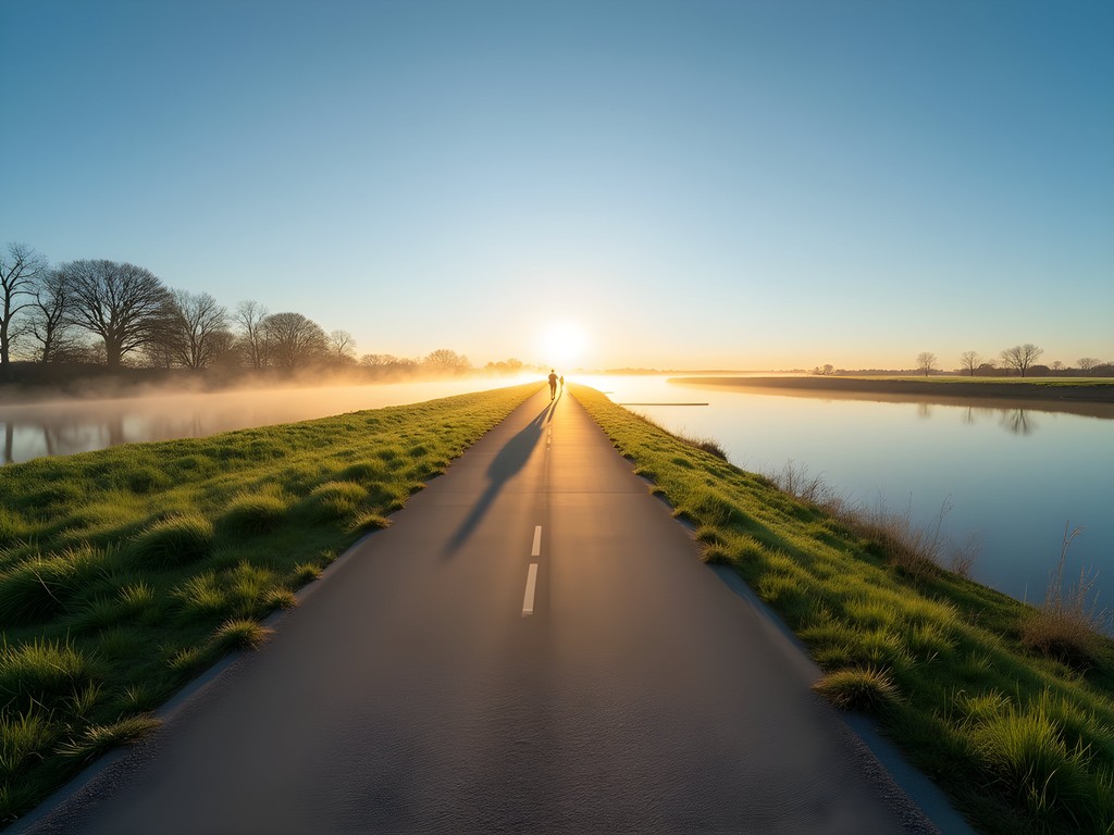Missouri River levee trail in Bellevue Nebraska during spring with morning light