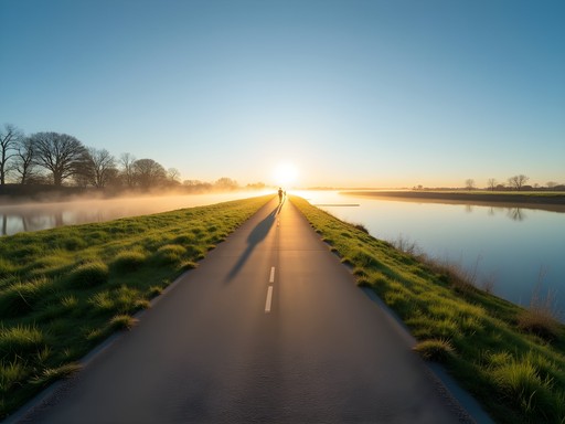 Missouri River levee trail in Bellevue Nebraska during spring with morning light