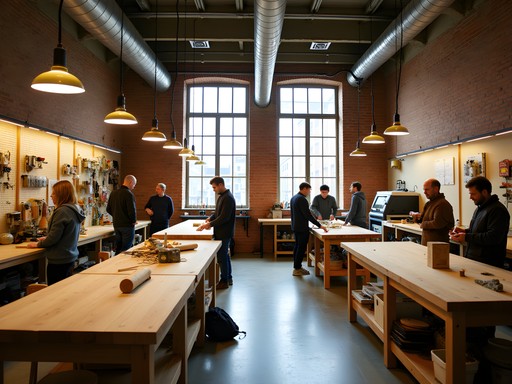 Interior of Berlin maker space with woodworking tools and creative projects