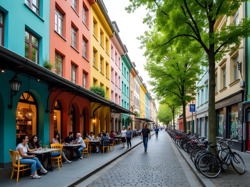 Colorful street scene in Berlin Neukölln neighborhood with cafes and local shops
