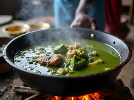 Traditional cassava leaf stew being prepared at a local eatery in Bo, Sierra Leone
