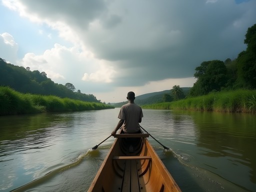Traditional dugout canoe journey on the Sewa River near Bo, Sierra Leone