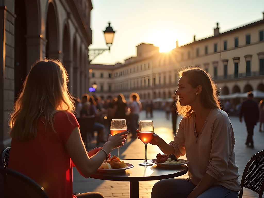 Traditional aperitivo experience in Bologna piazza during golden hour