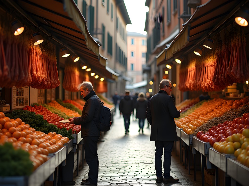 Early morning food shopping in Bologna's historic Quadrilatero market district