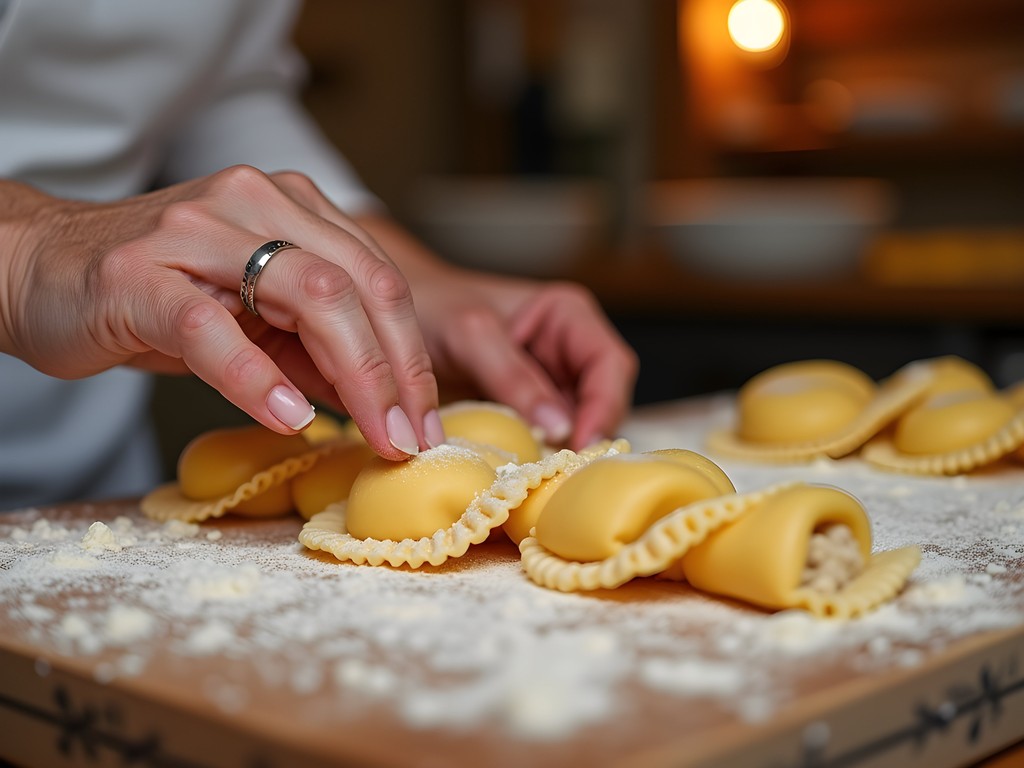 Traditional tortellini folding demonstration in a Bologna pasta workshop