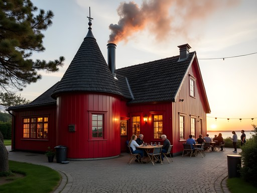 Traditional red-painted smokehouse with conical chimney in Gudhjem, Bornholm