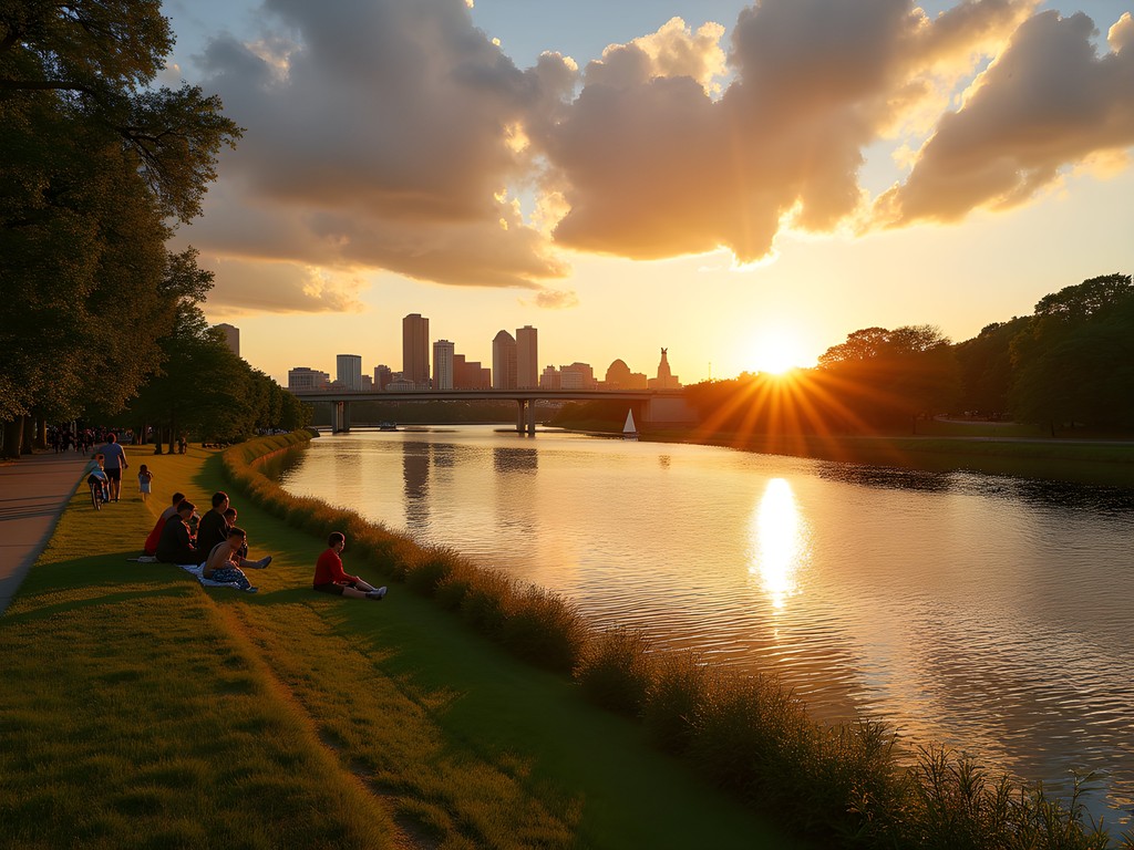 Sunset view of Cambridge skyline from Charles River Esplanade in Boston
