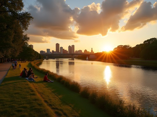 Sunset view of Cambridge skyline from Charles River Esplanade in Boston