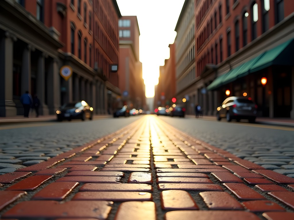 Woman walking along Boston's Freedom Trail red brick line in early morning light