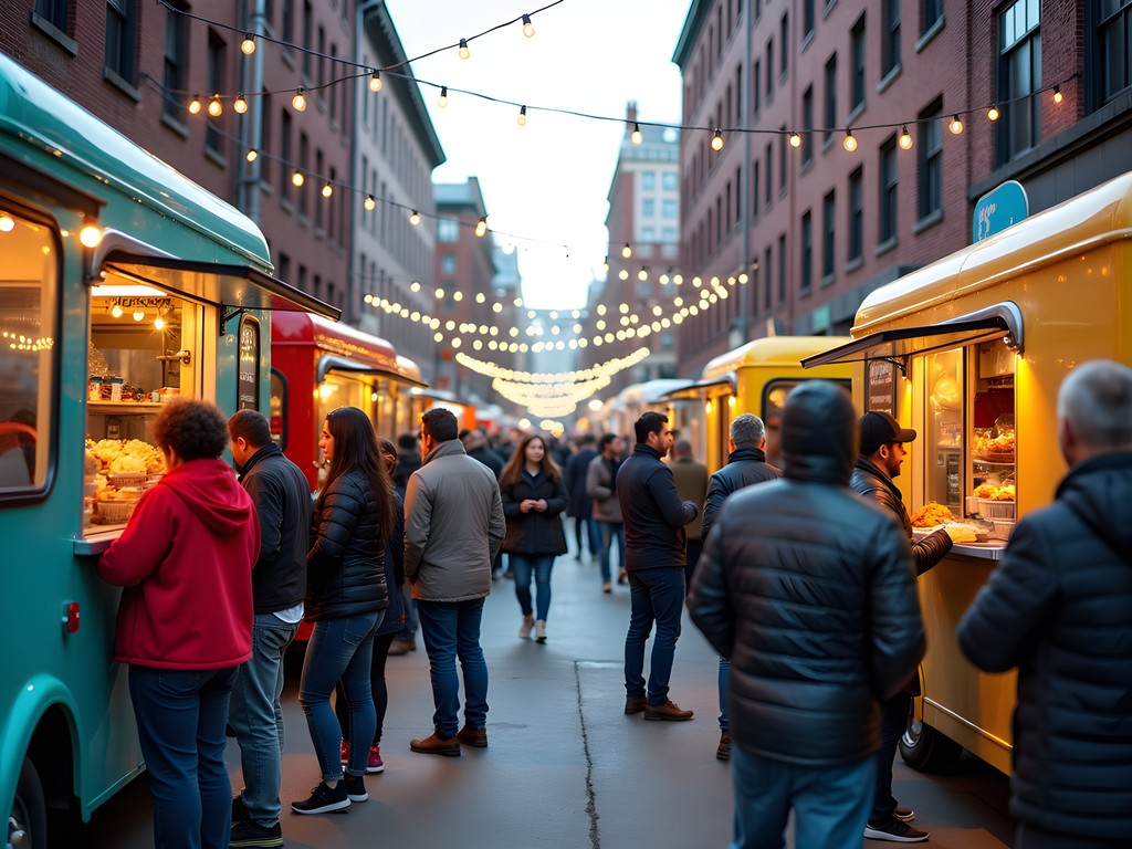 Colorful food trucks at SoWa Open Market in Boston with diverse food options