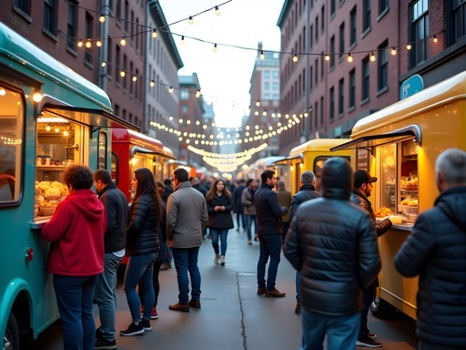 Colorful food trucks at SoWa Open Market in Boston with diverse food options