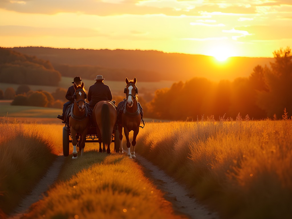 Horse-drawn wagon ride at sunset through Chaney's Dairy Farm in Bowling Green