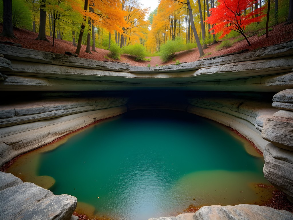 Entrance to Lost River Cave surrounded by fall foliage in Bowling Green, Kentucky