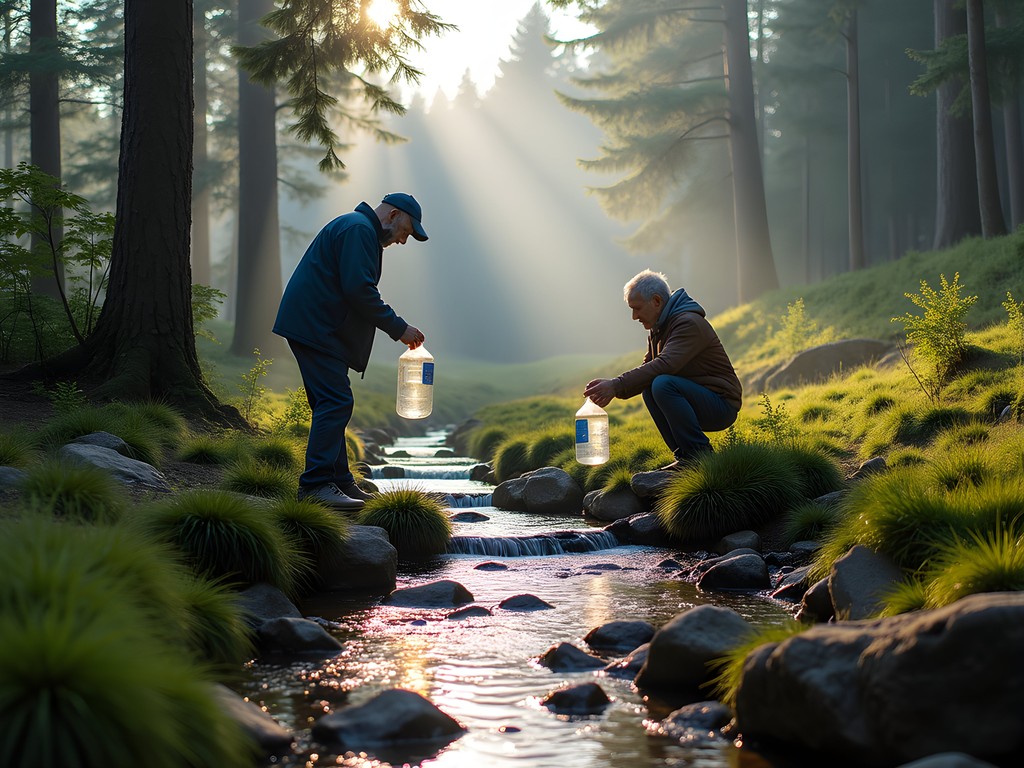 Local Romanian elders collecting healing mineral water at Solomon's Rocks near Brasov