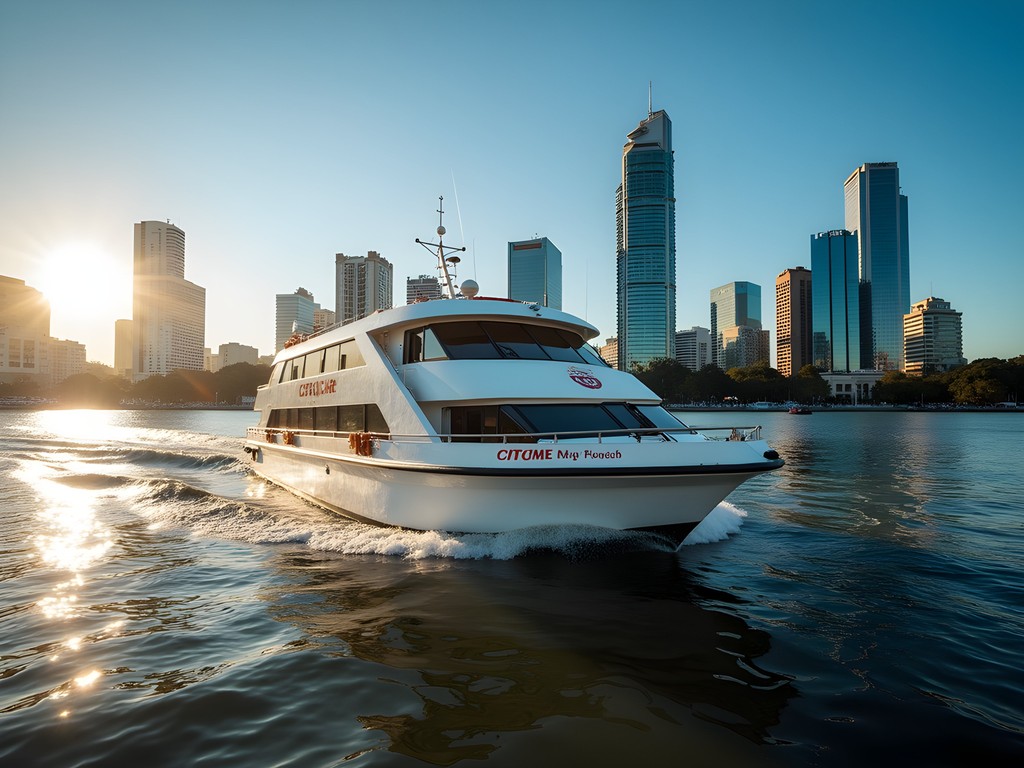 Brisbane CityCat ferry on the Brisbane River with city skyline in background