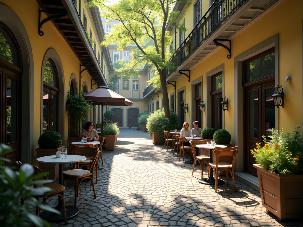 Secluded courtyard café in Budapest with blooming spring flowers and local patrons