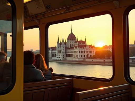Sunset view from Tram #2 along Danube River in Budapest with Parliament building