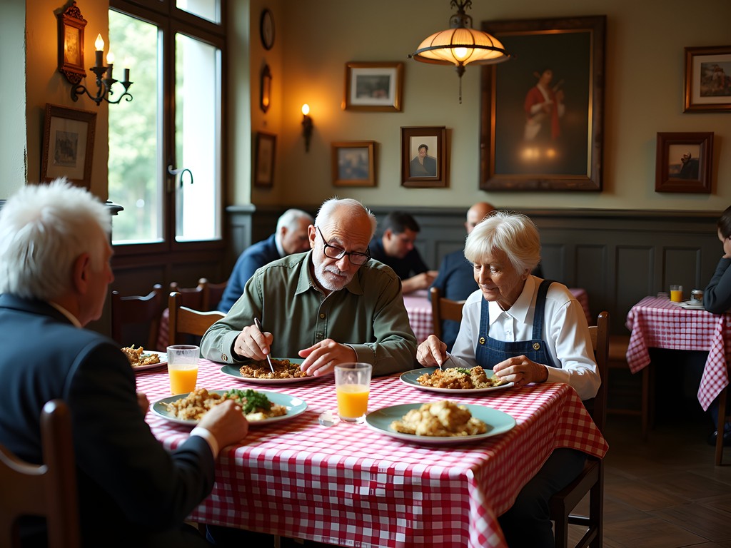 Authentic neighborhood restaurant in Budapest with elderly local patrons and traditional Hungarian food