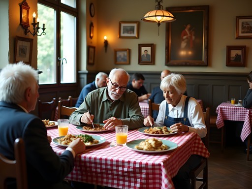 Authentic neighborhood restaurant in Budapest with elderly local patrons and traditional Hungarian food