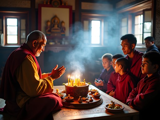 Traditional Bhutanese family blessing ceremony in farmhouse with local lama performing rituals
