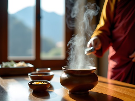 Traditional Bhutanese tea ceremony at Amankora Bumthang with mountain views